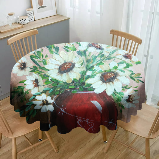 Daisies in Red Vase Round Tablecloth By Lanie Wolvaardt