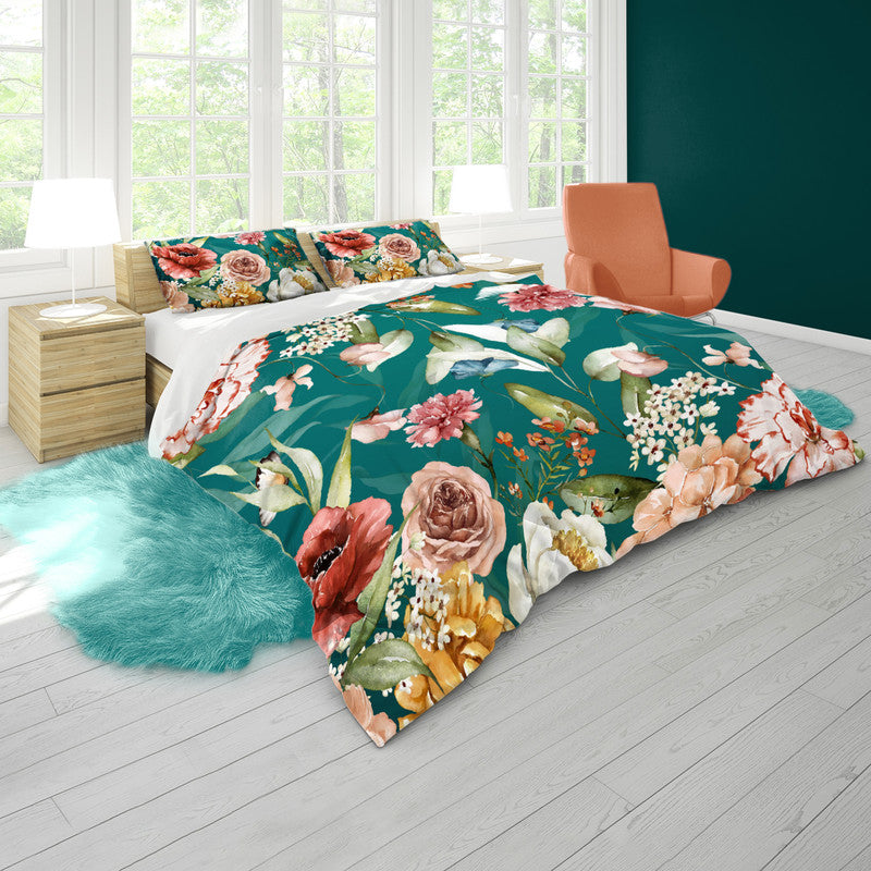 Dark Aqua Flowers Mix Duvet Cover Set by Mark van Vuuren