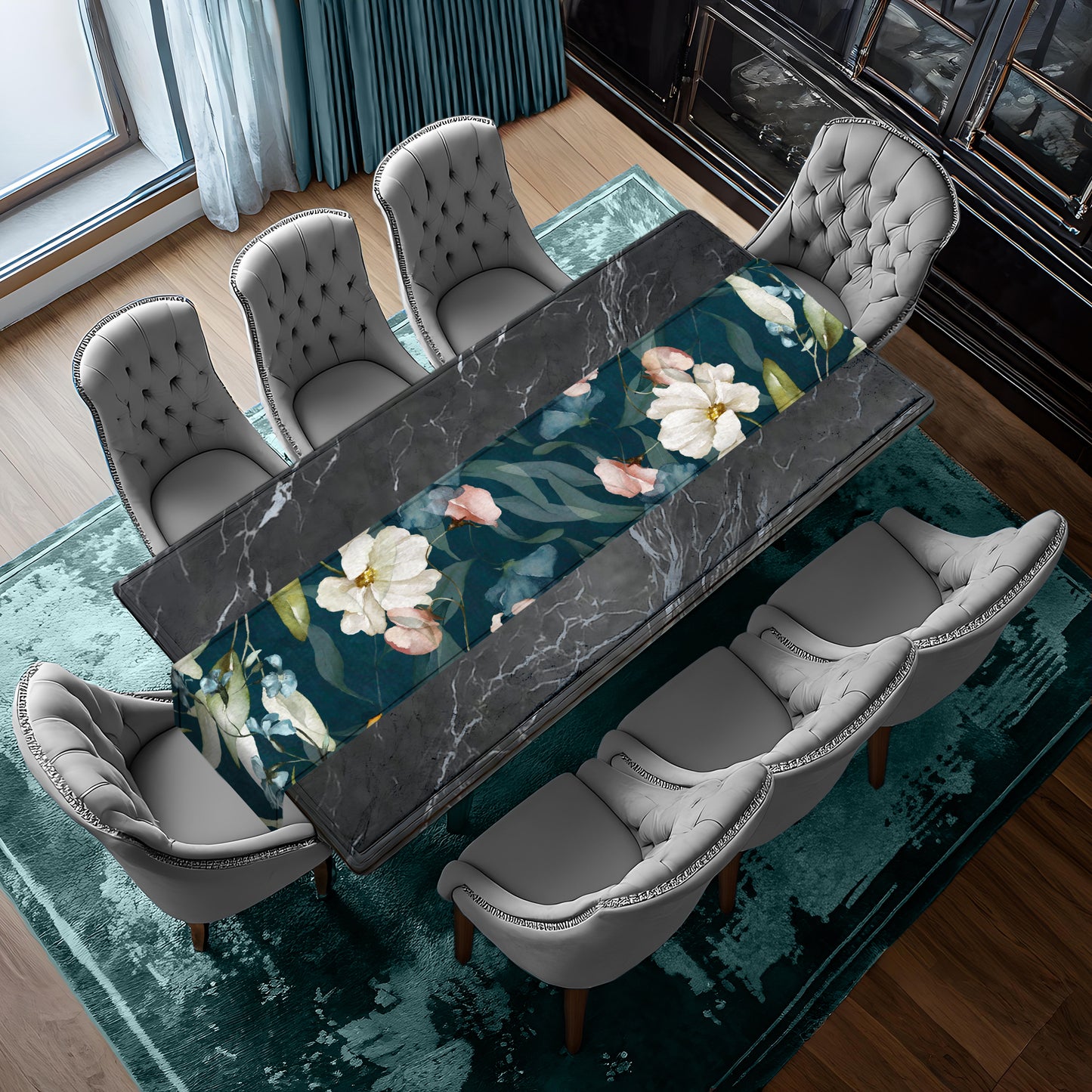 Dark Aqua Flowers Close Up Table Runner by Mark van Vuuren