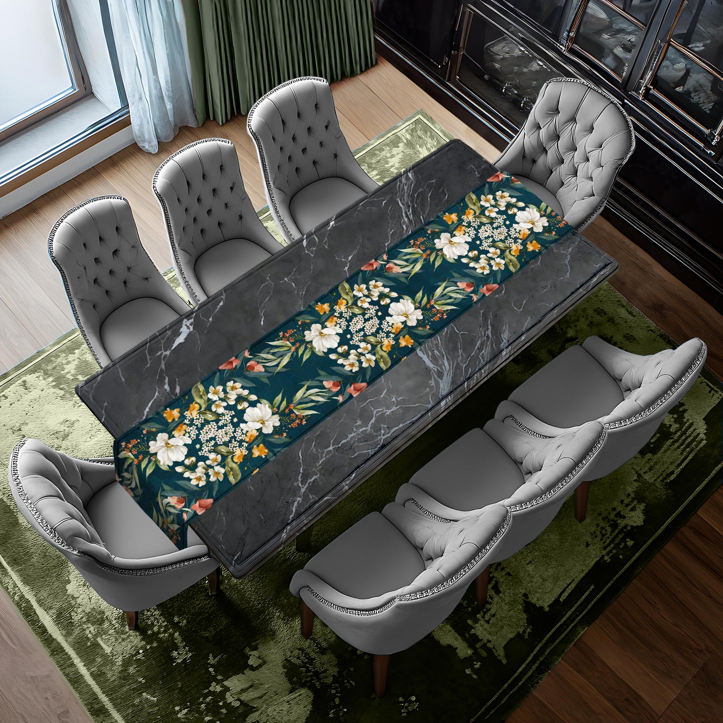 Dark Aqua Flowers Table Runner by Mark van Vuuren