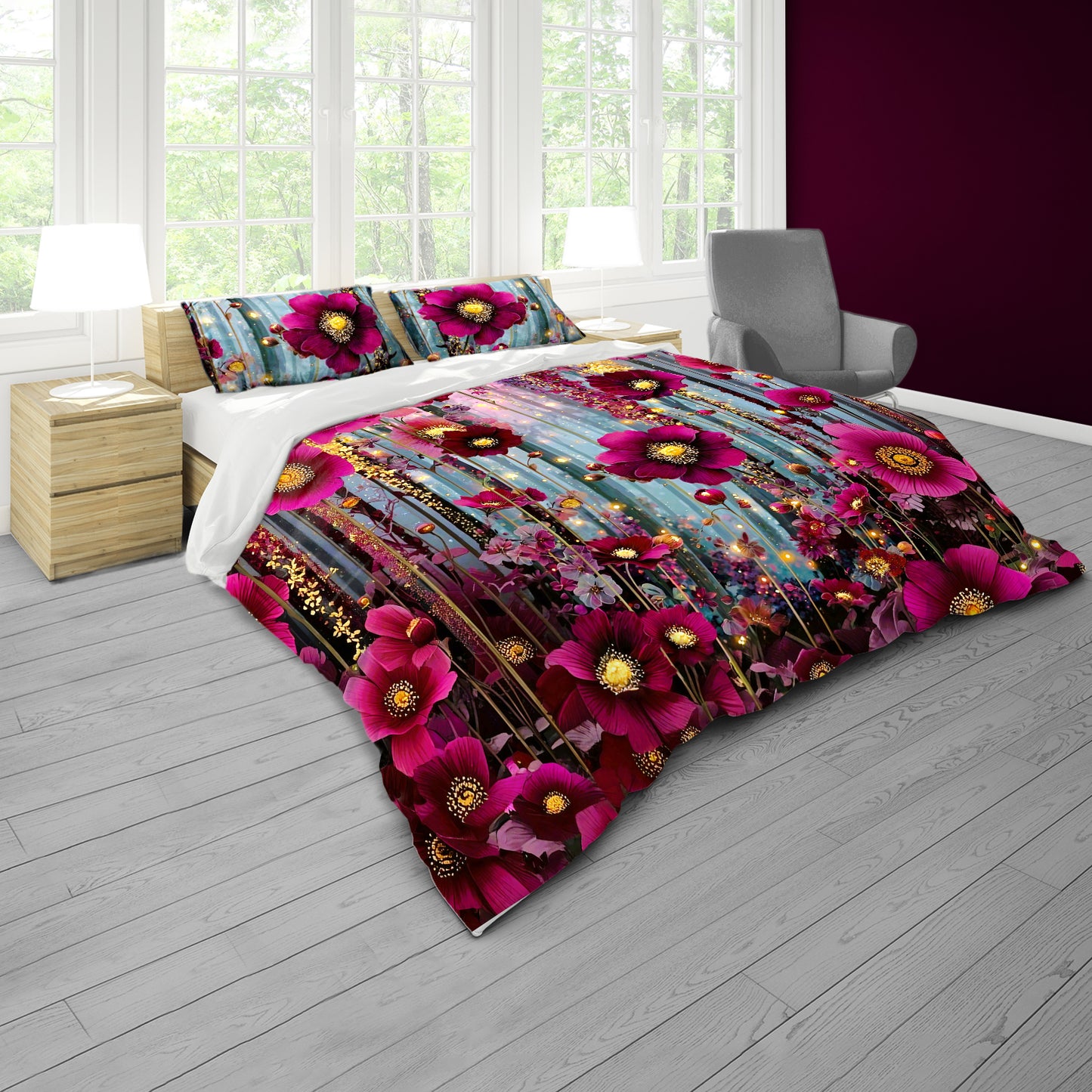 Dark Purple Blooming Daisy Duvet Cover Set