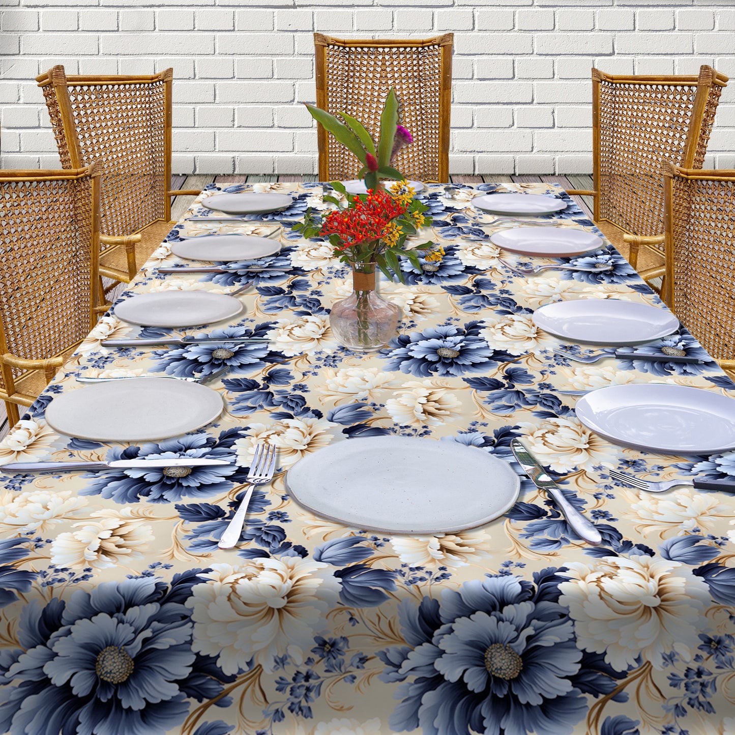 Decorative Blue Rose Pattern 3m Rectangle Tablecloth