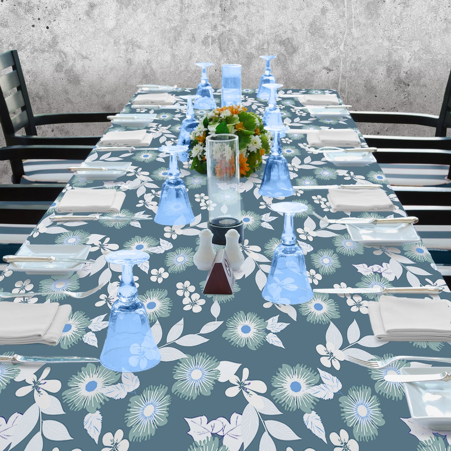 Deep Sage Green with White Floral Pattern 3m Rectangle Tablecloth