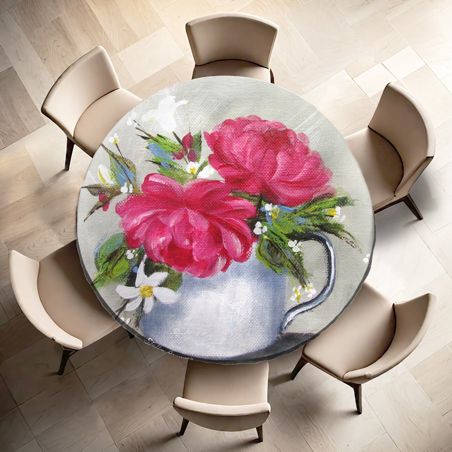 Deep Pink Roses By Stella Bruwer Round Tablecloth