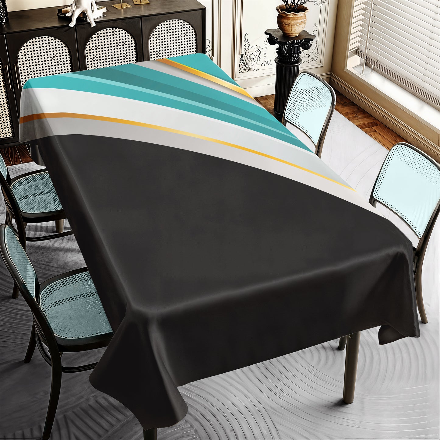 Elegant 3 D Teal Curved Rectangle Tablecloth