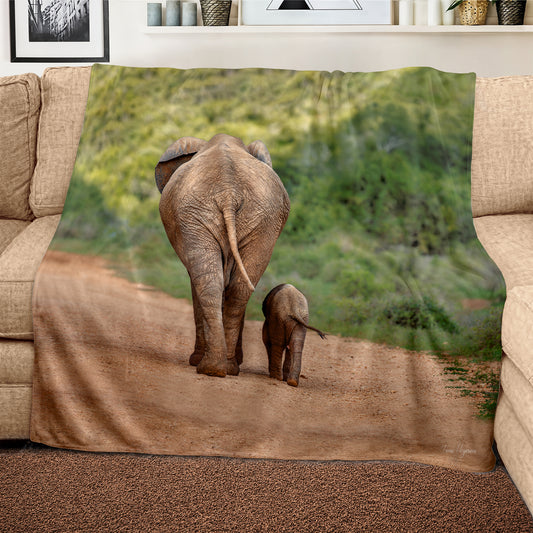 Elephant Mom And Calf Walking Away Light Weight Fleece Blanket by Fanie Heymans