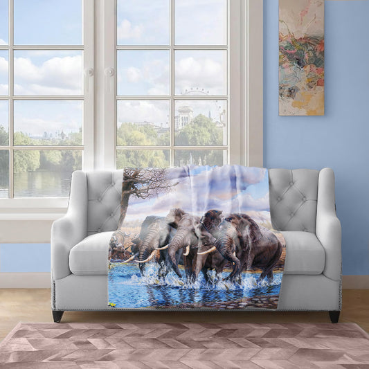 Elephants at the Water Hole Light Weight Fleece Blanket by Delene Lambert