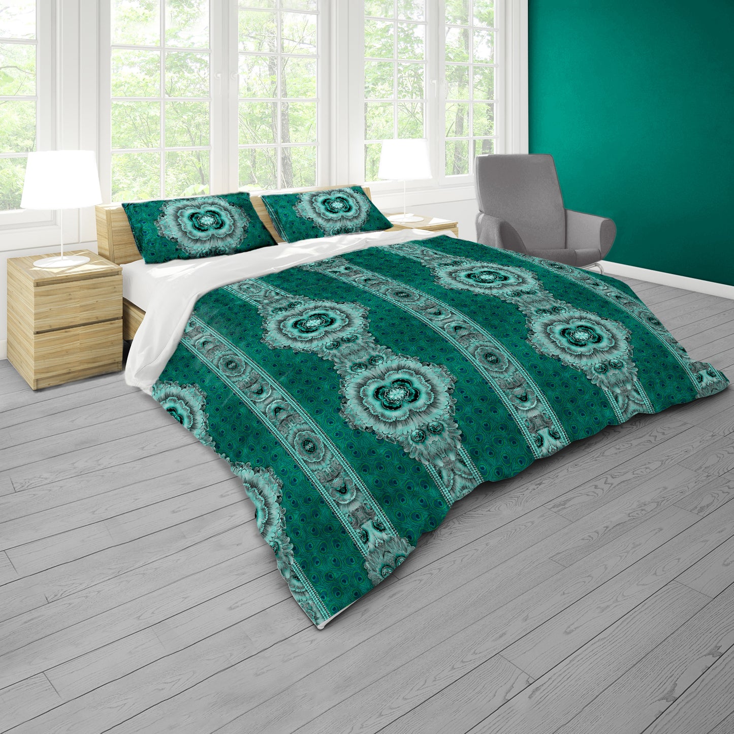 Emerald & Teal & Plumage Pattern Duvet Cover Set
