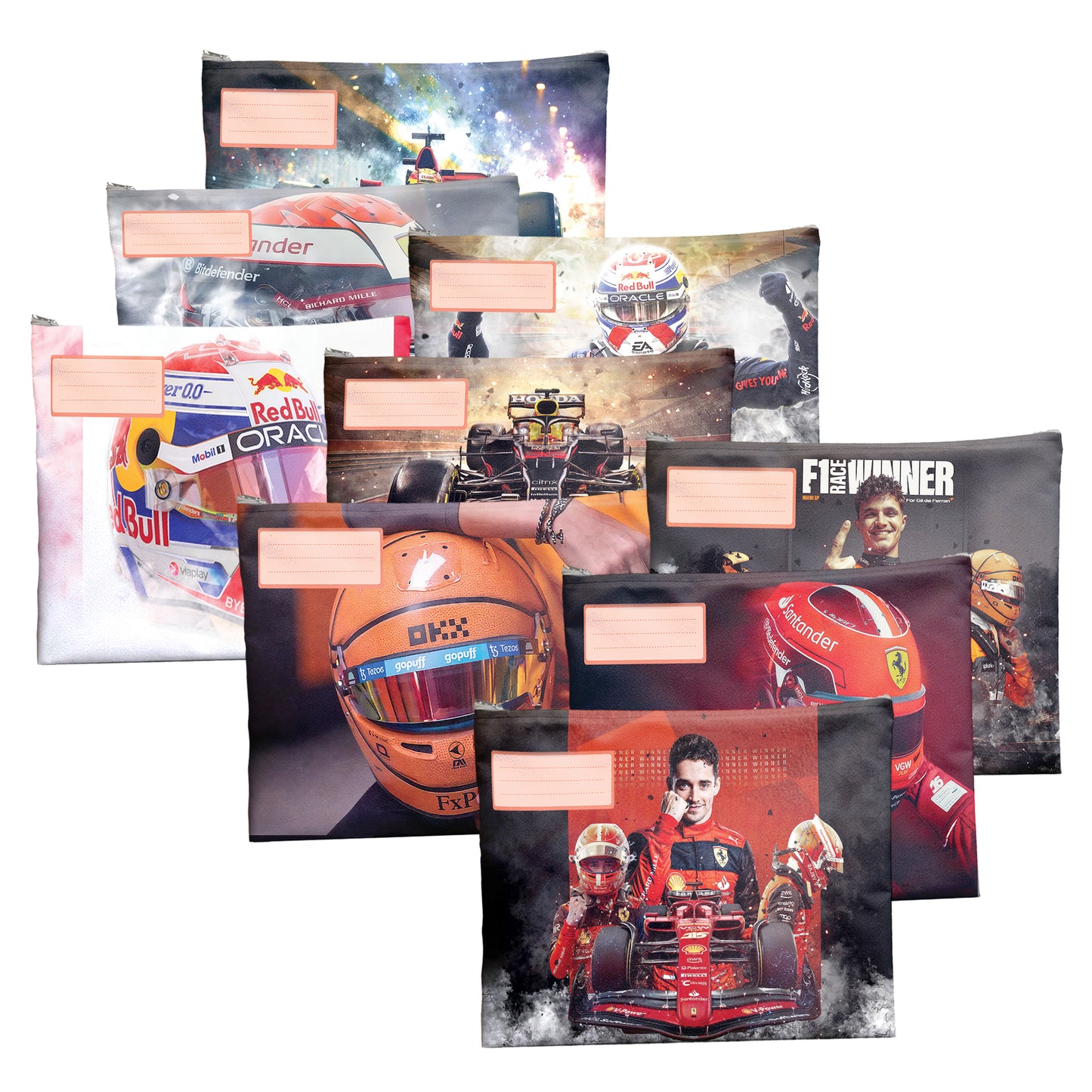 F1 Racer Subject Savvy Book Bags Set of 9
