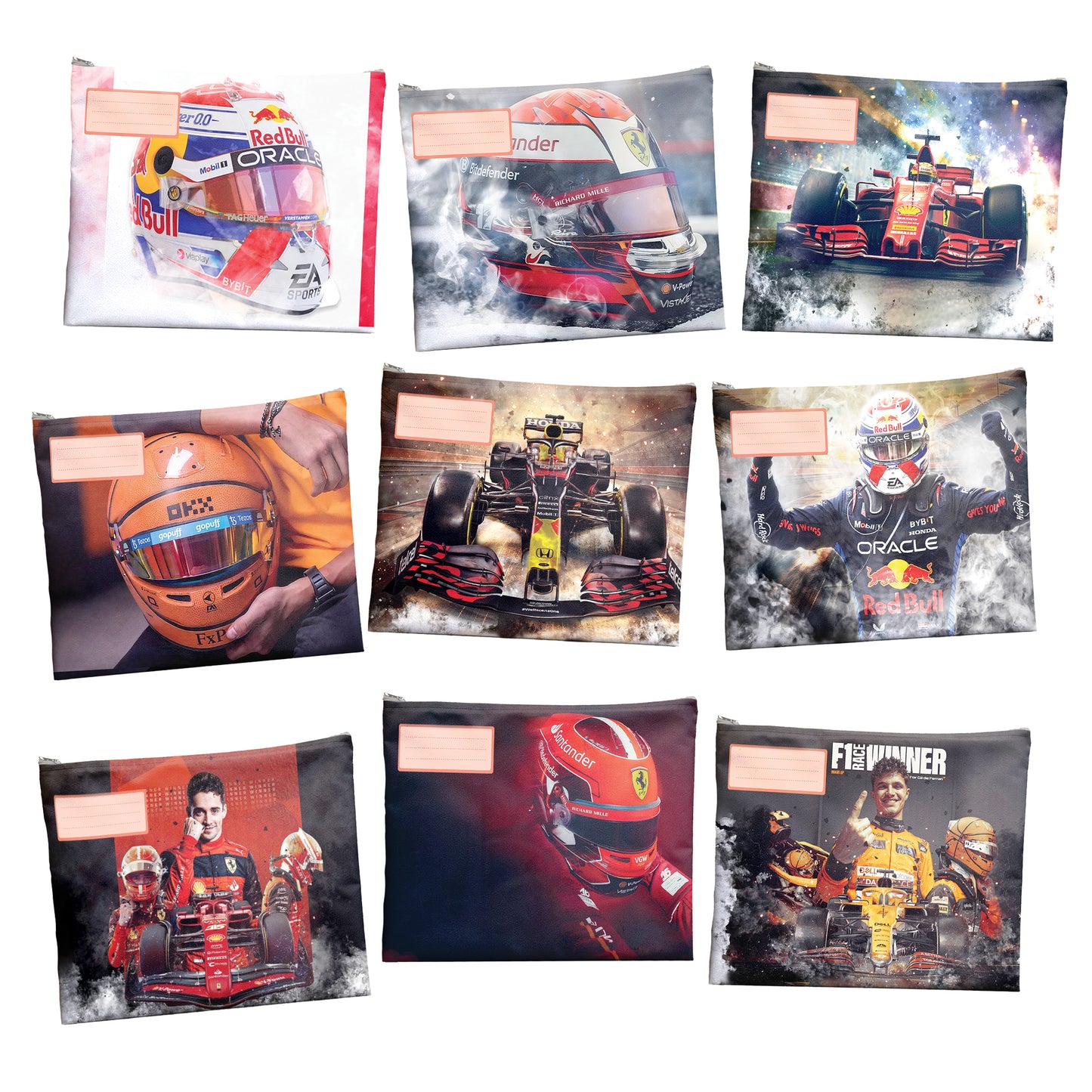 F1 Racer Subject Savvy Book Bags Set of 9