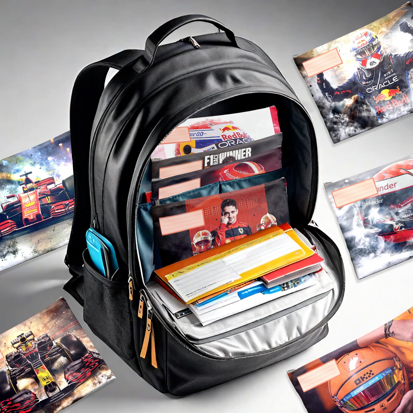 F1 Racer Subject Savvy Book Bags Set of 9