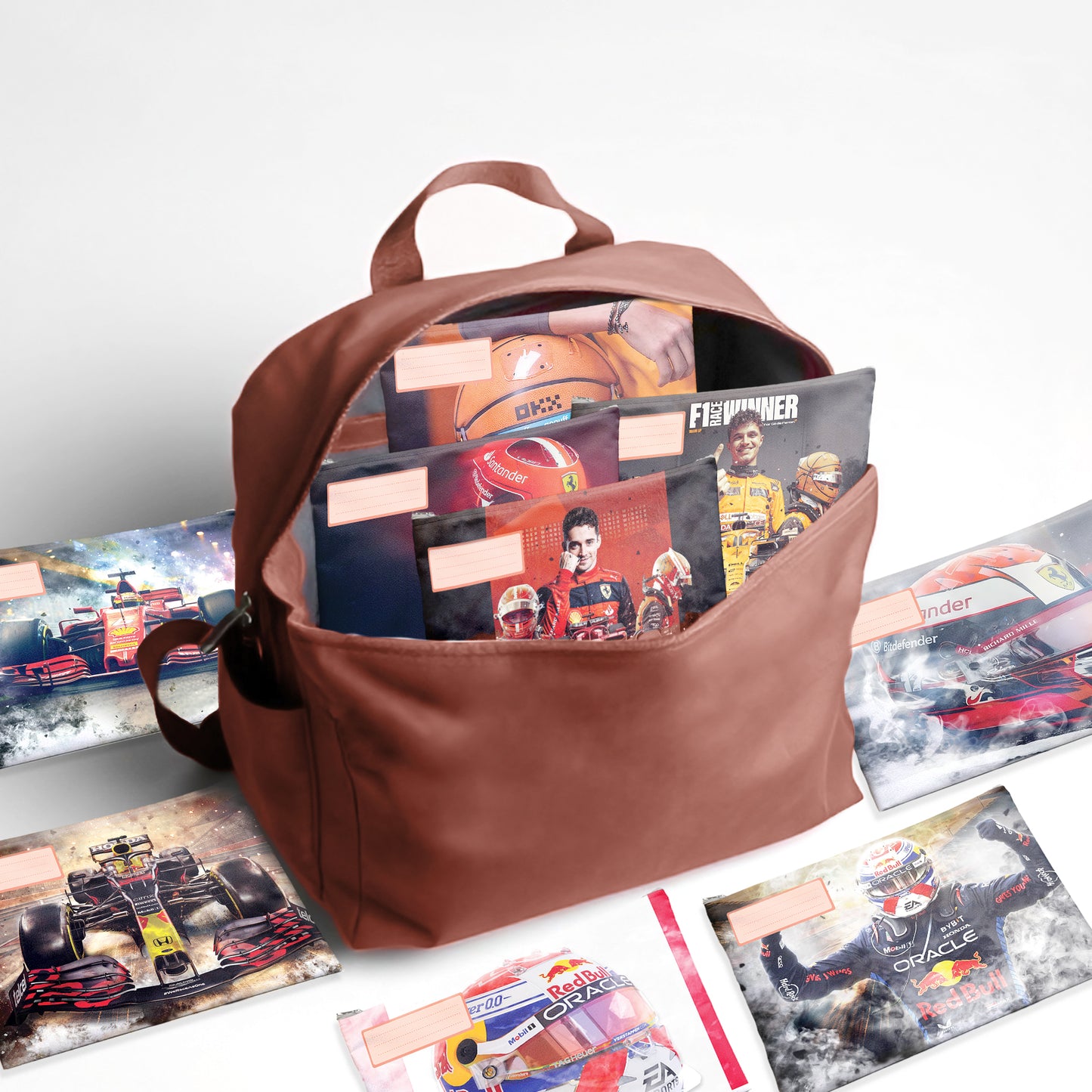 F1 Racer Subject Savvy Book Bags Set of 9