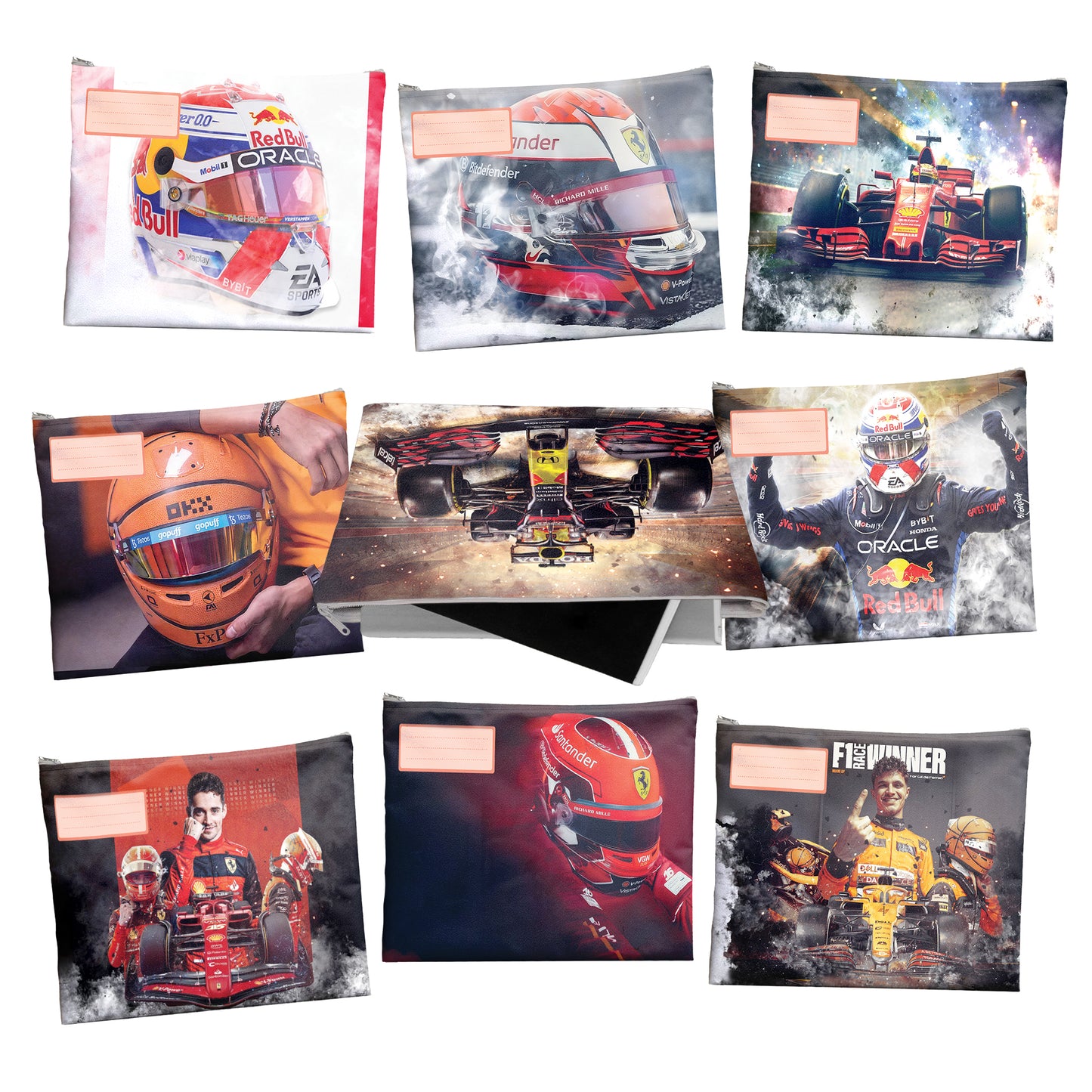 F1 Racer Subject Savvy Book Bags Set of 9