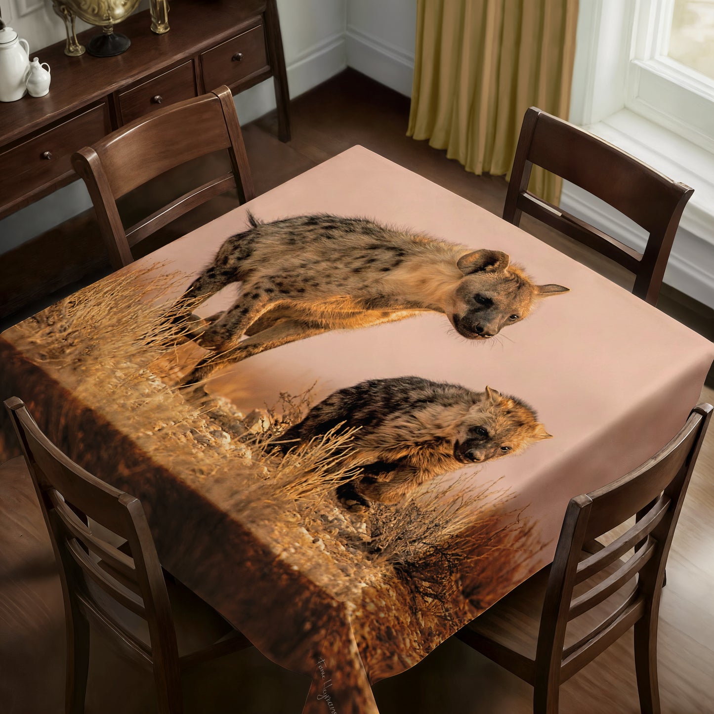 Female Hyena with Cub Square Tablecloth By Fanie Heymans