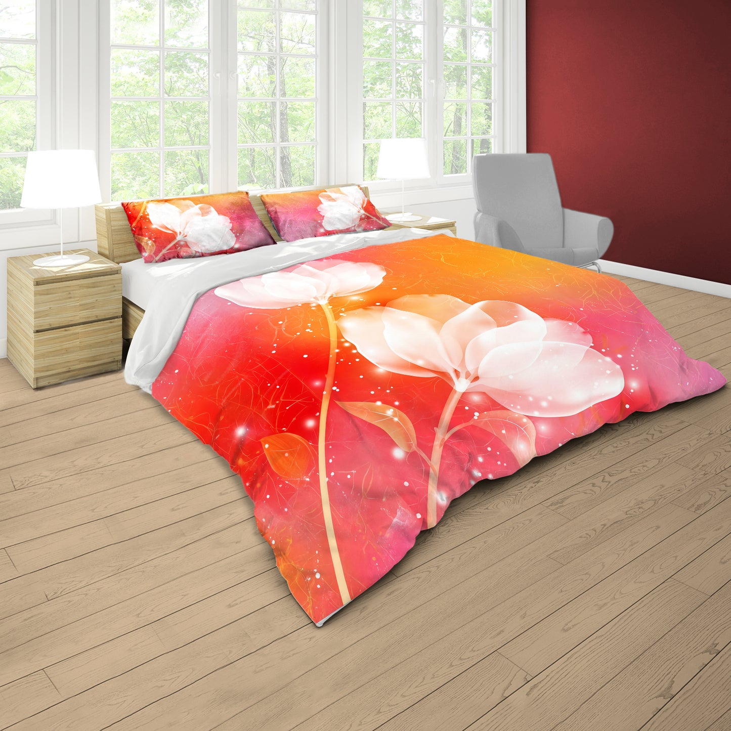 Fiery Pastel White Flowers Duvet Cover Set