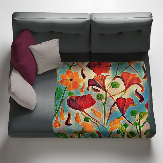 Blue Nasturtiums Light Weight Fleece Blanket by Jinge for Fifo
