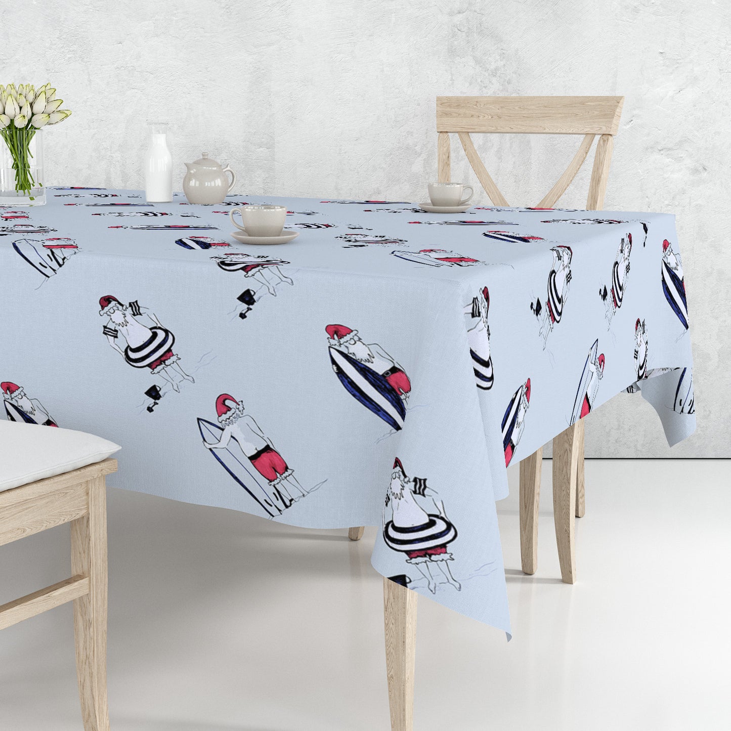 Seaside Santa on Cool Grey Diagonal Print By Fifo Rectangle Tablecloth