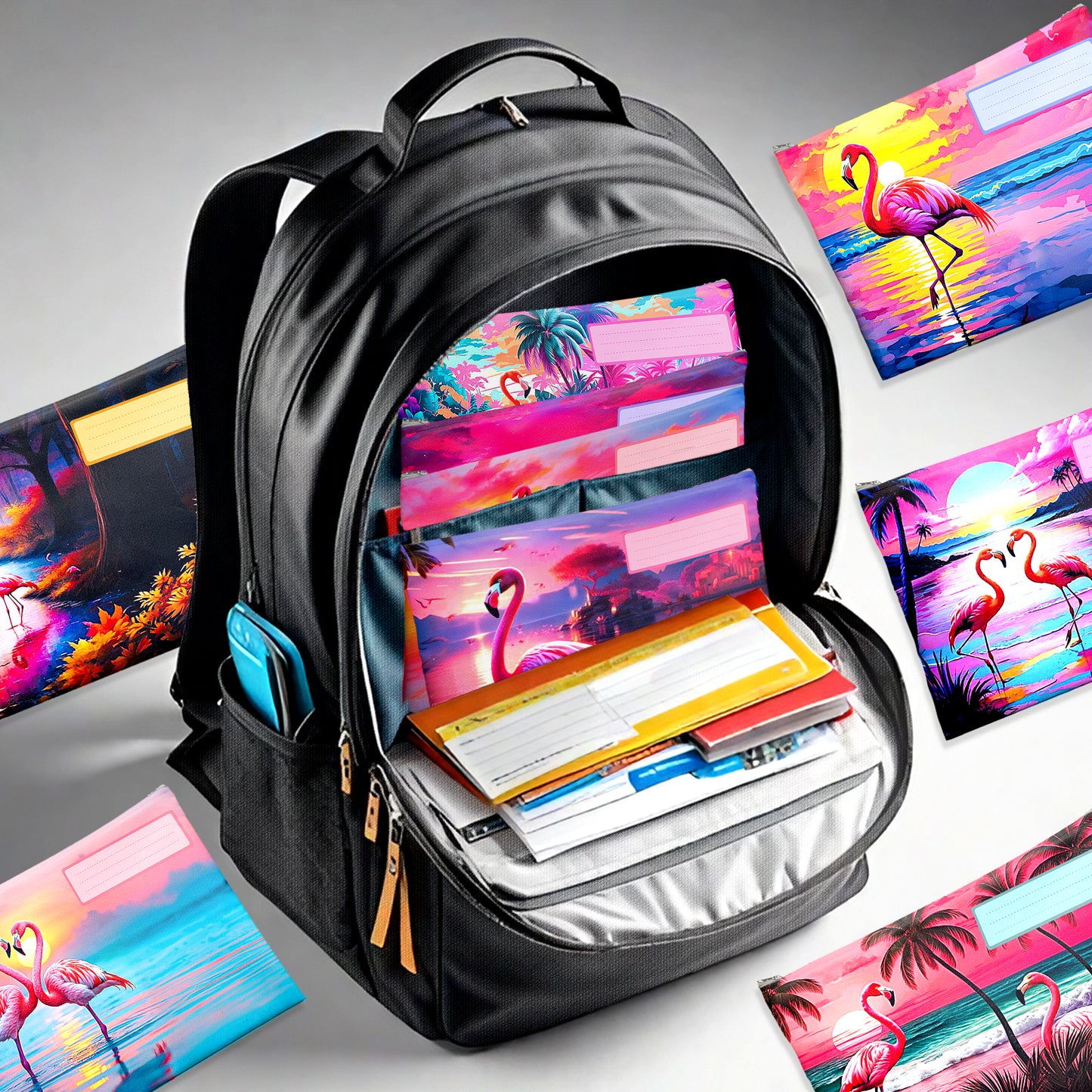 Flamingo Subject Savvy Book Bags Set of 9