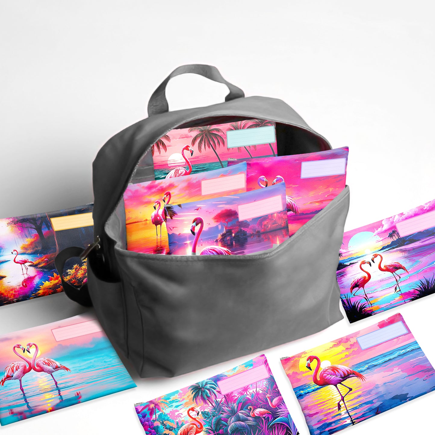 Flamingo Subject Savvy Book Bags Set of 9