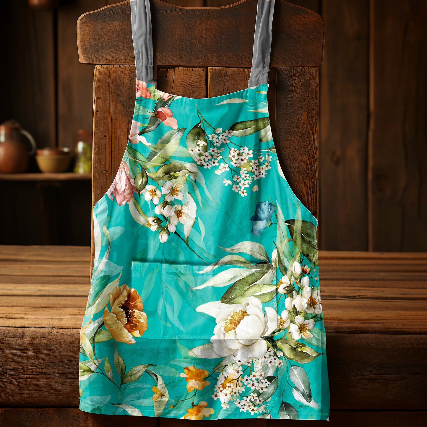 Floral On Turquoise Apron By Mark Van Vuuren