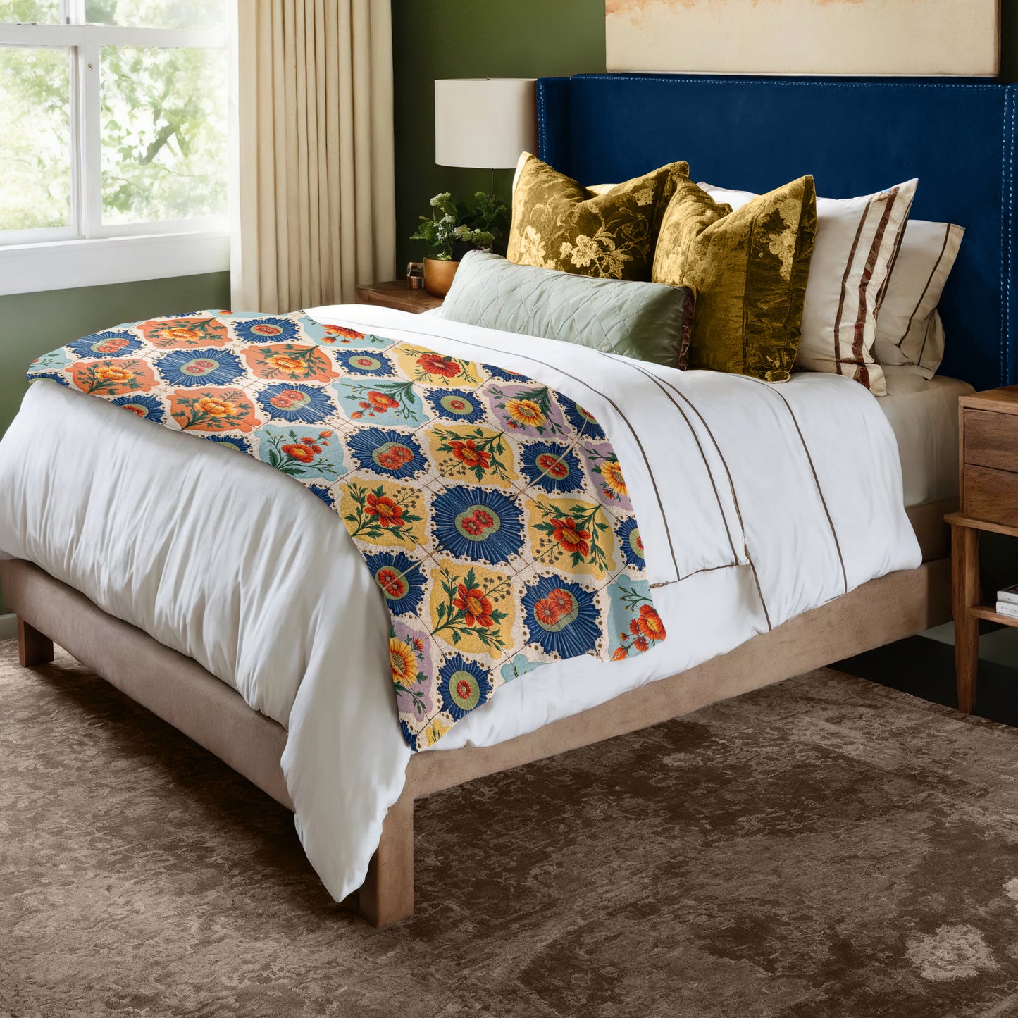 Floral Tiled Stamp Bed Throw