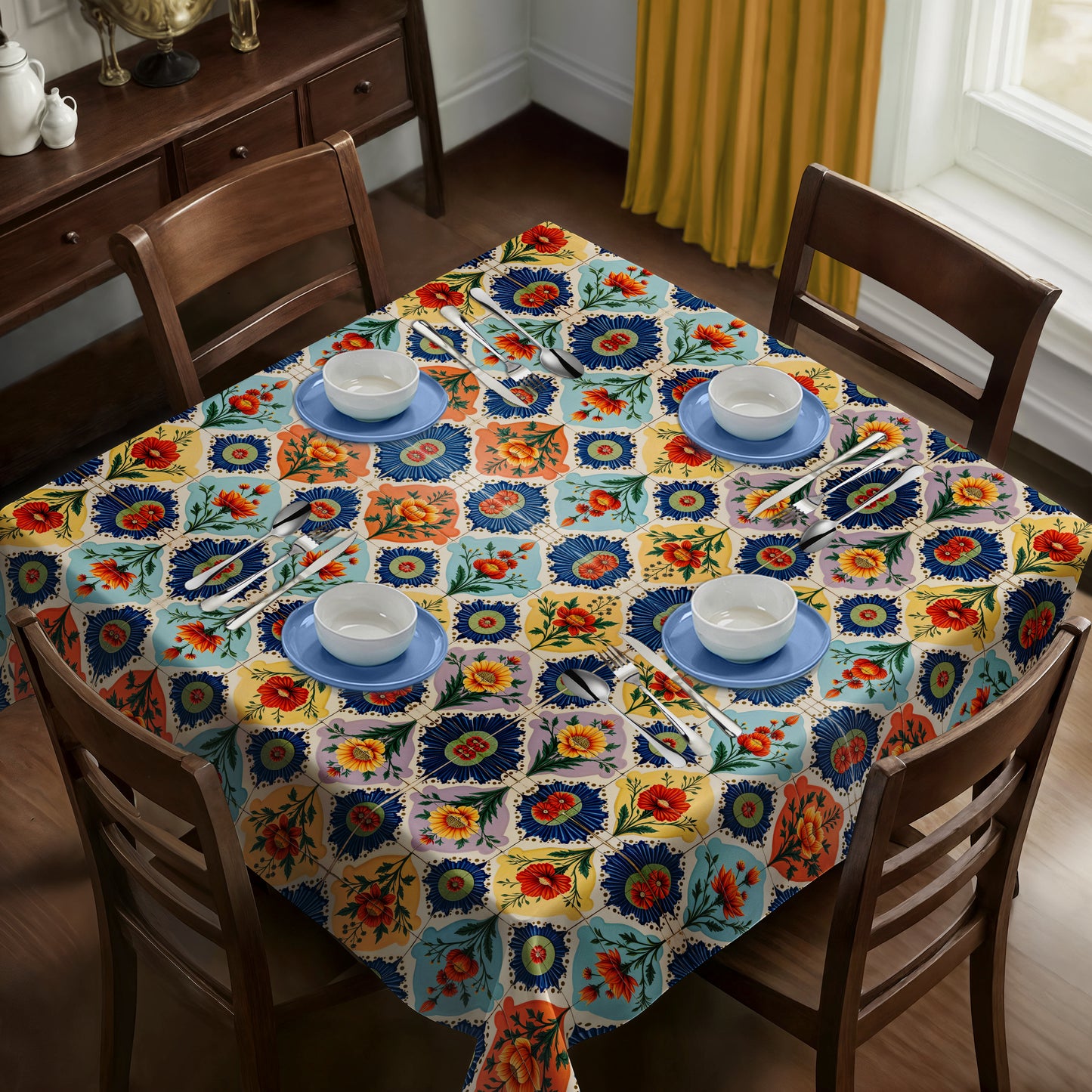 Floral Tiled Stamp Square Tablecloth