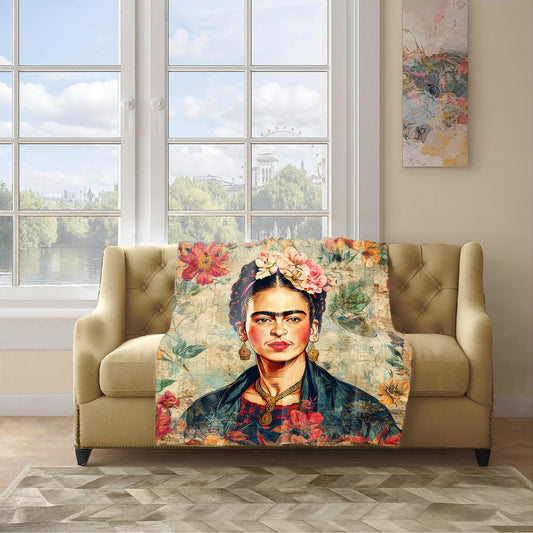Frida Kahlo Vintage Floral Light Weight Fleece Blanket by Mark van Vuuren