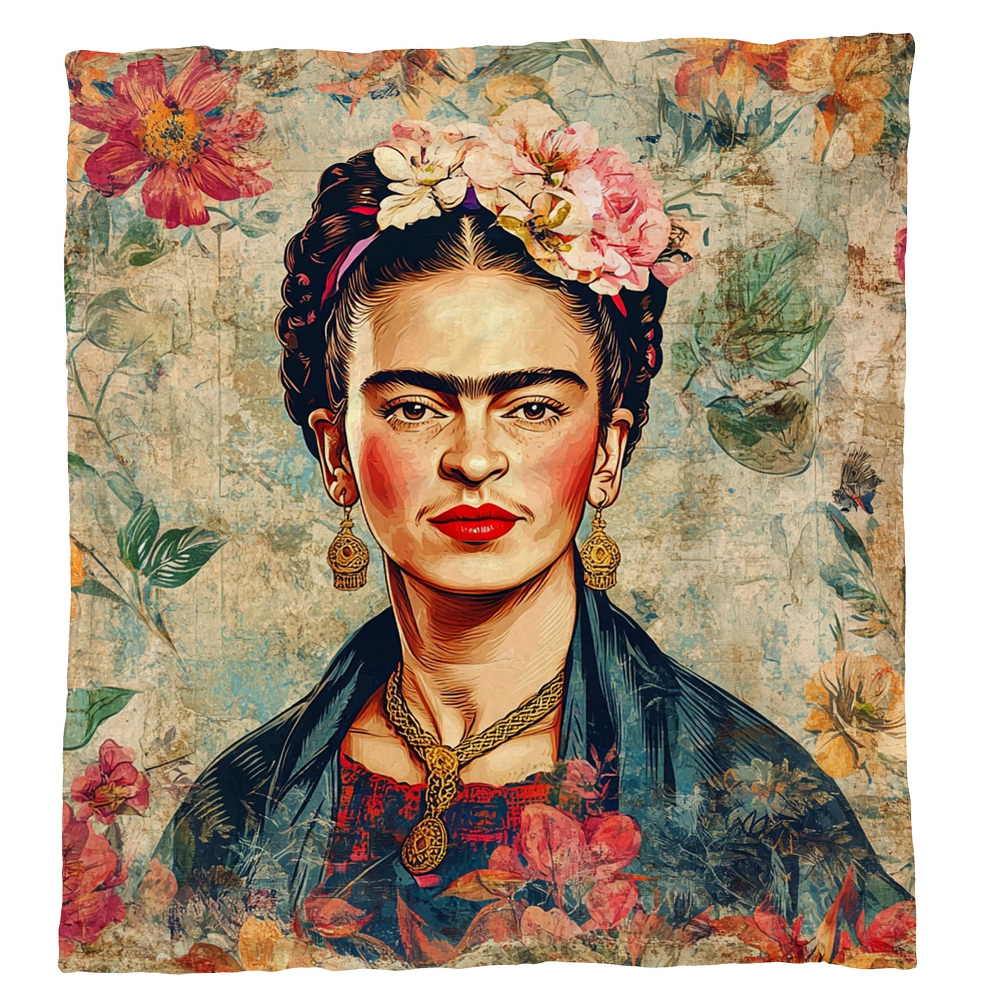 Frida Kahlo Vintage Floral Light Weight Fleece Blanket by Mark van Vuuren