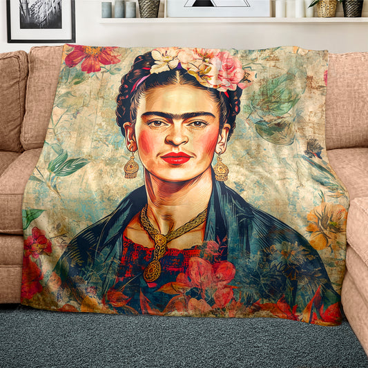 Frida Kahlo Vintage Floral Light Weight Fleece Blanket by Mark van Vuuren