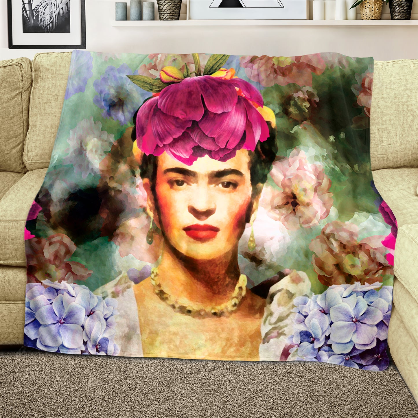 Frida Kahlo on Green Light Weight Fleece Blanket By Mark Van Vuuren
