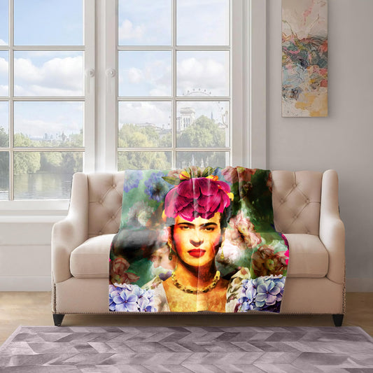 Frida Kahlo on Green Light Weight Fleece Blanket By Mark Van Vuuren