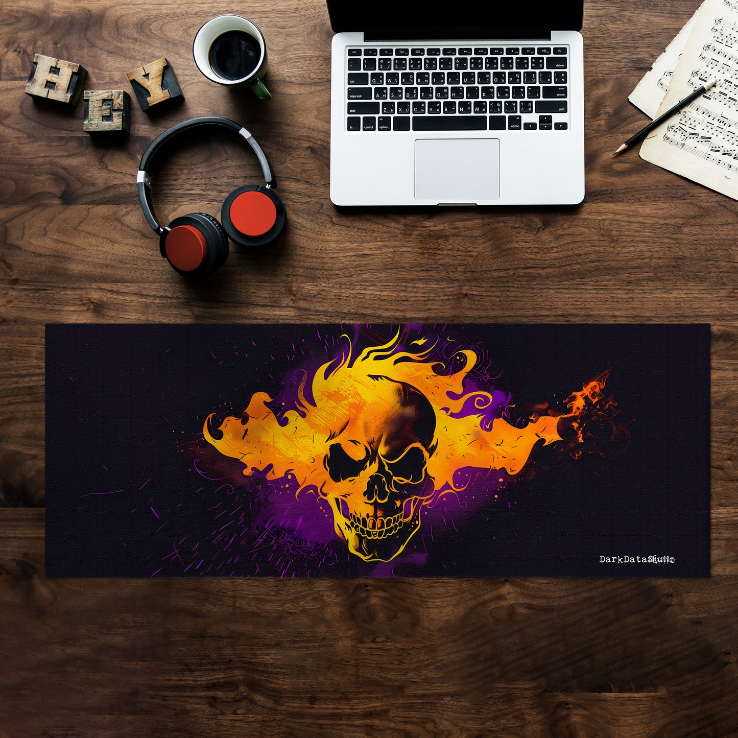 Yellow Gamer Skull Fire by Wikus Schalkwyk Large Desk Pad