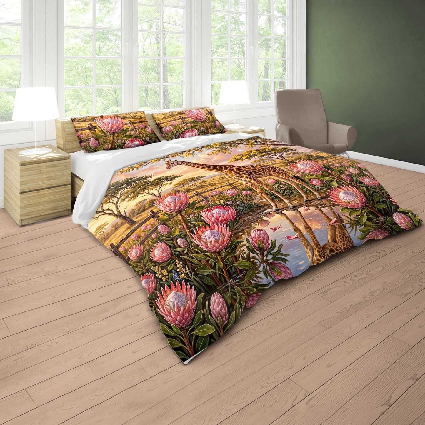 Giraffe & King Protea at Sunset Duvet Cover Set
