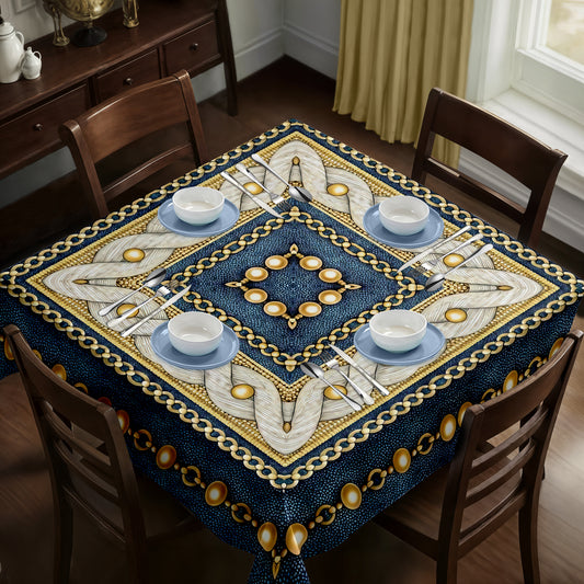 Gold Chain and Pearl Pattern on Blue Square Tablecloth