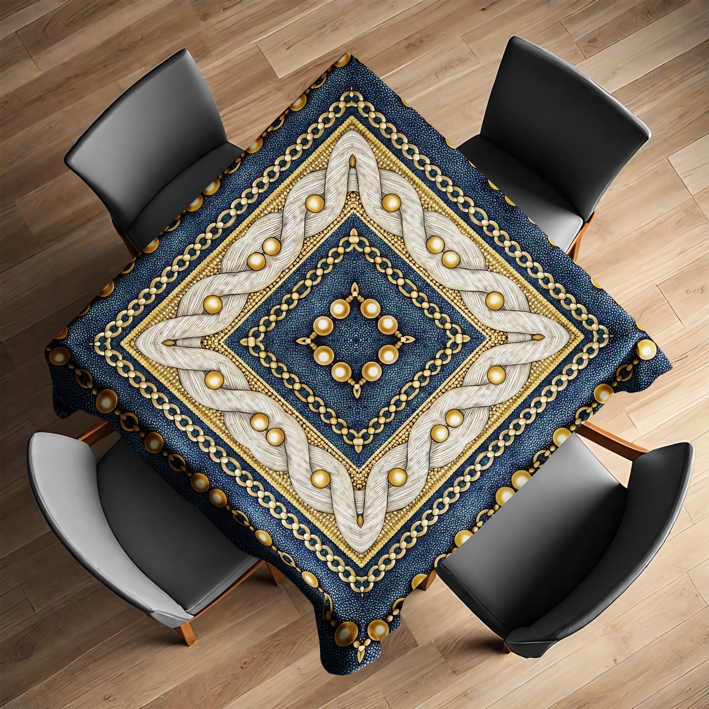 Gold Chain and Pearl Pattern on Blue Square Tablecloth