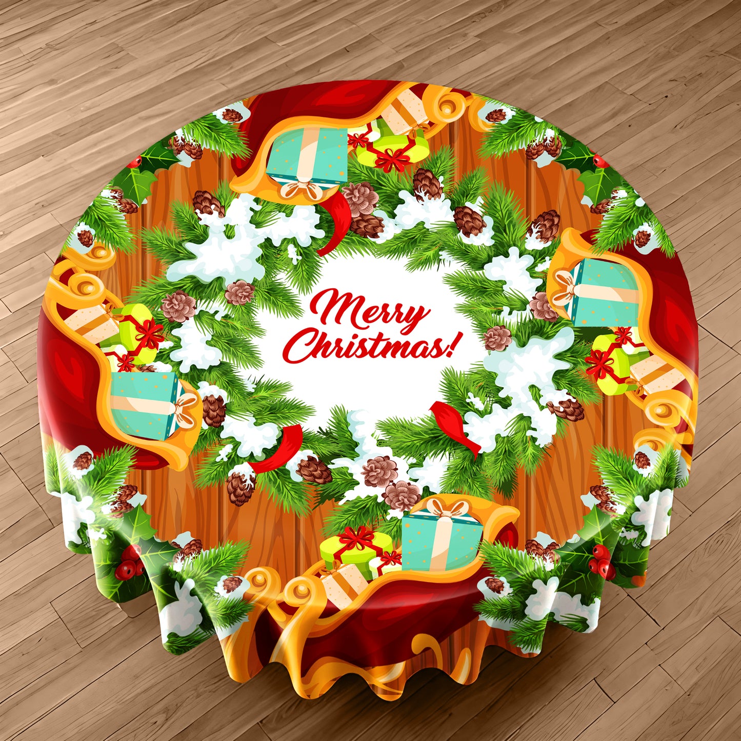 Gold Christmas Round Tablecloth