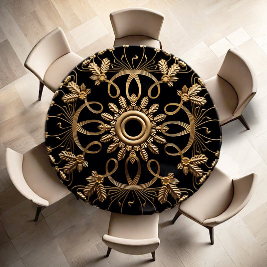 Gold Pattern on Black Round Tablecloth