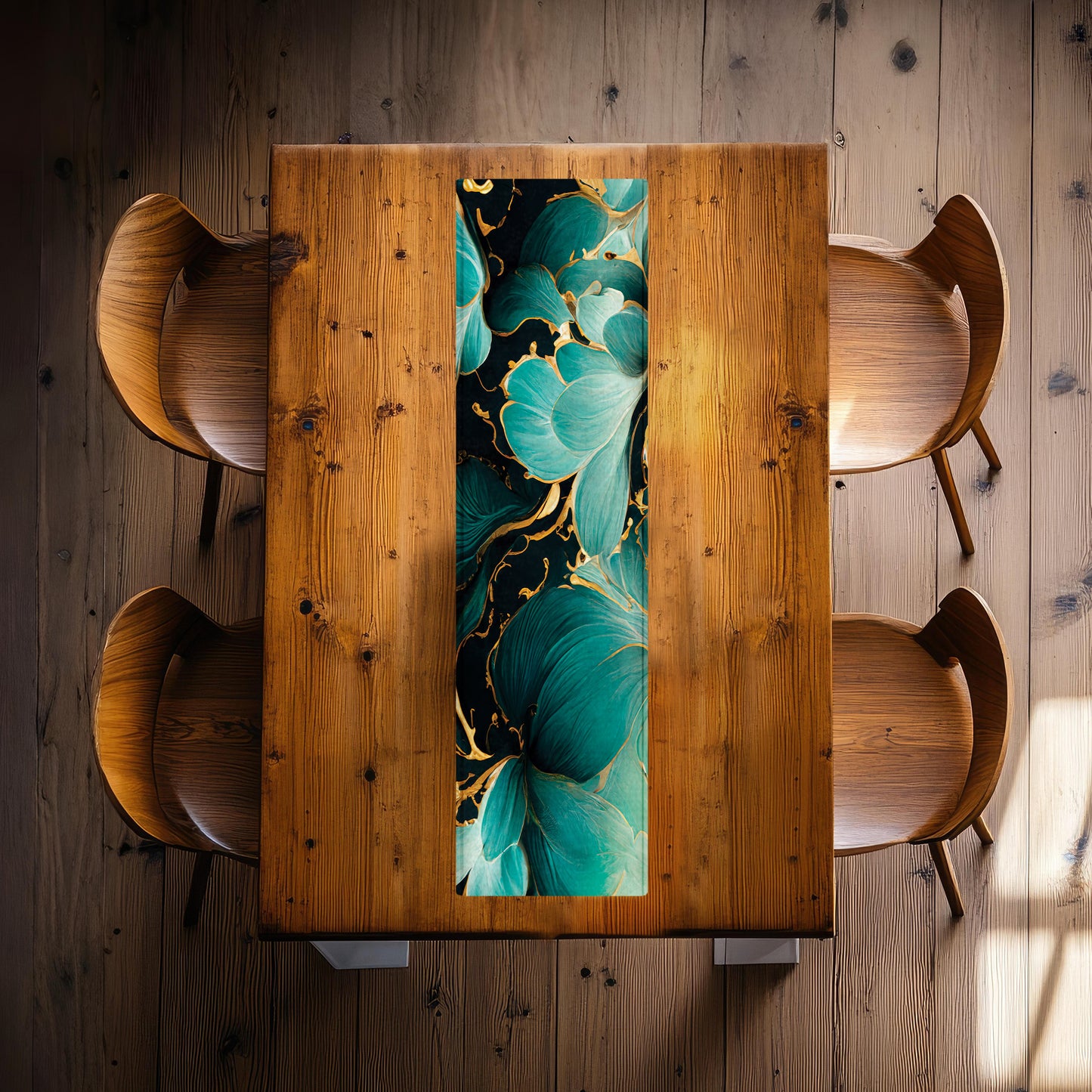 Golden Blue Flowers 160cm Table Runner