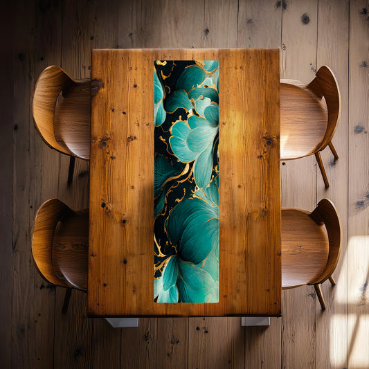 Golden Blue Flowers 160cm Table Runner