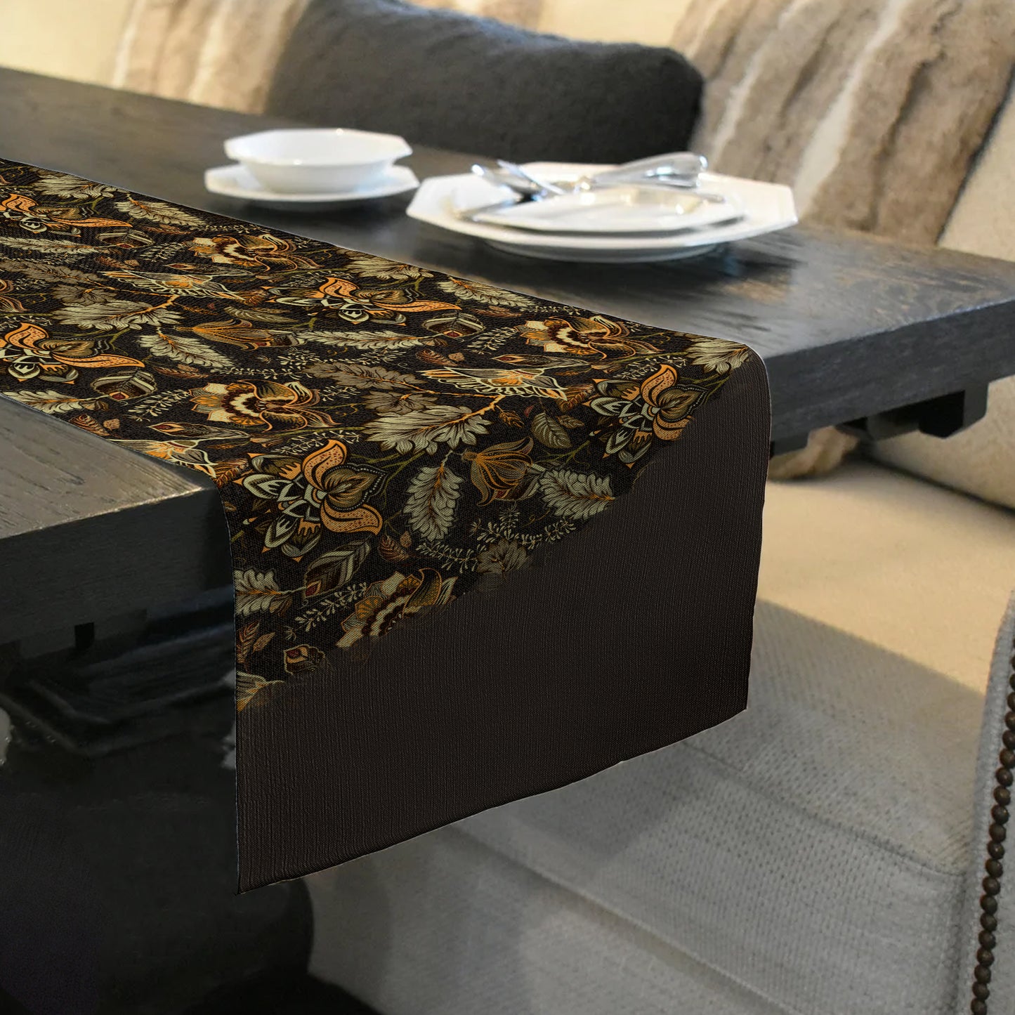 Golden Brown Floral Pattern Table Runner