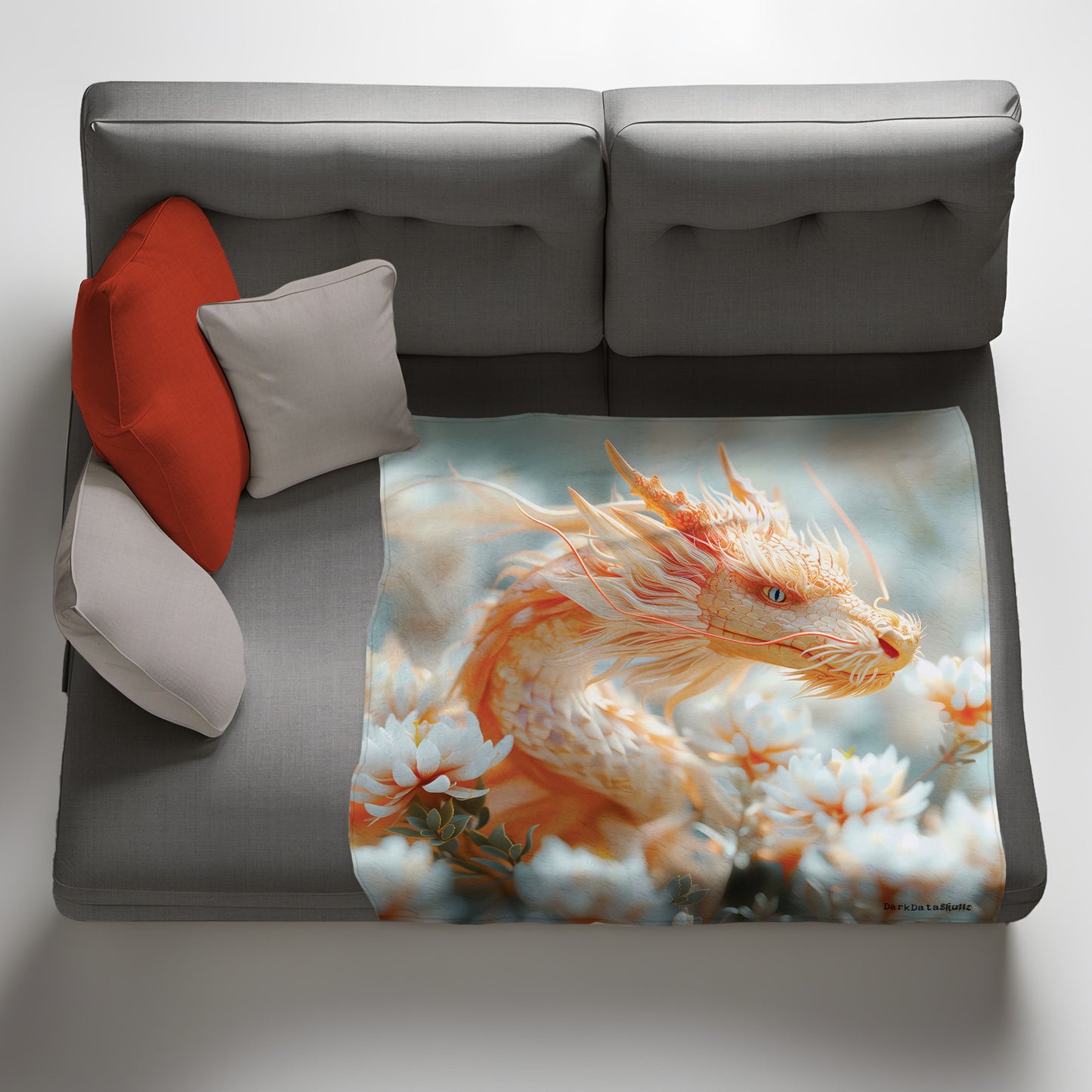 Golden Dragon in White Pion Flowers Light Weight Fleece Blanket by Wikus Schalkwyk