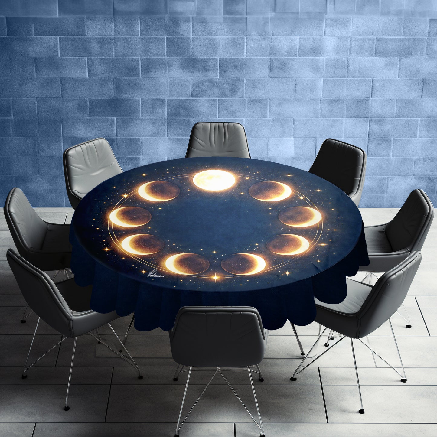 Golden Moon Phases Round Tablecloth by Nathan Pieterse