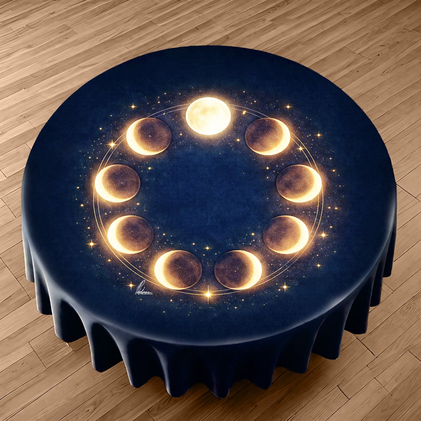 Golden Moon Phases Round Tablecloth by Nathan Pieterse