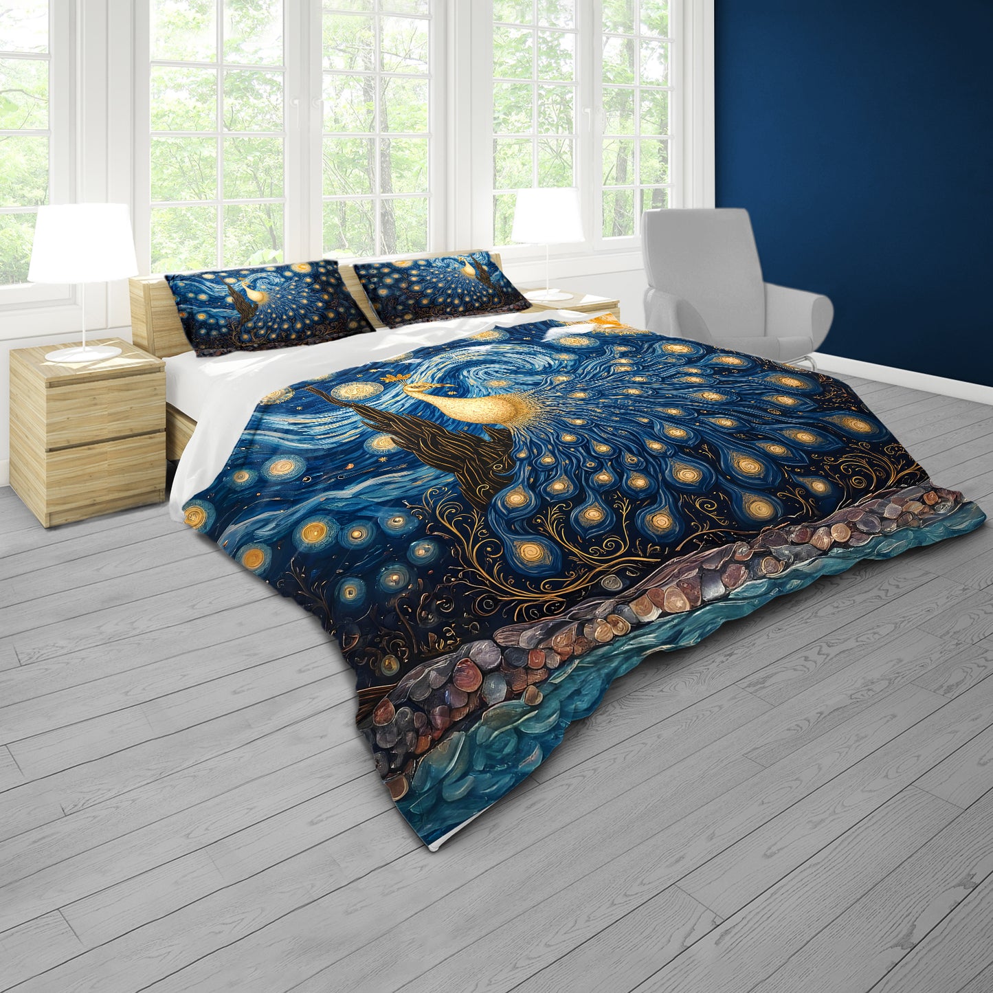 Golden Peacock Starry Night Duvet Cover Set