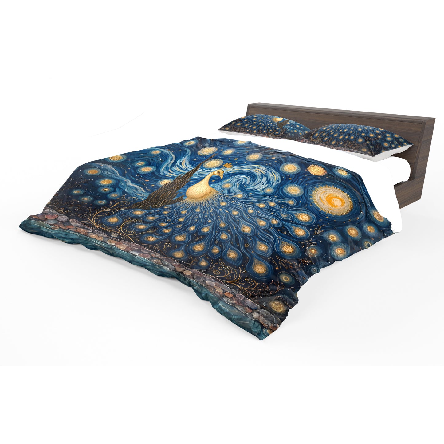 Golden Peacock Starry Night Duvet Cover Set