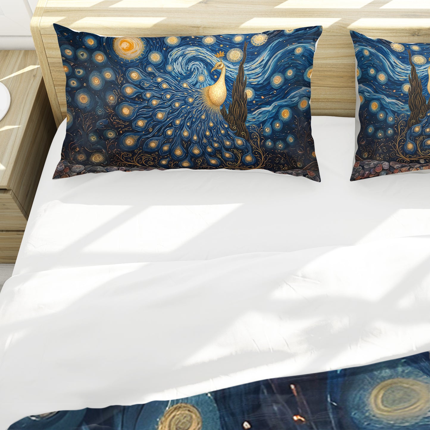 Golden Peacock Starry Night Duvet Cover Set