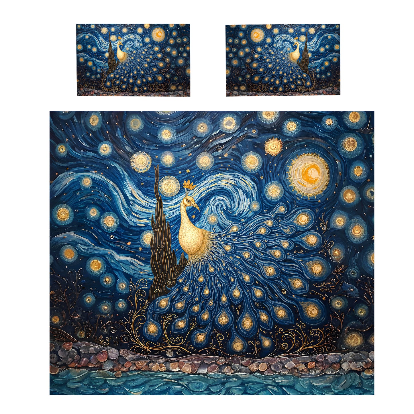 Golden Peacock Starry Night Duvet Cover Set
