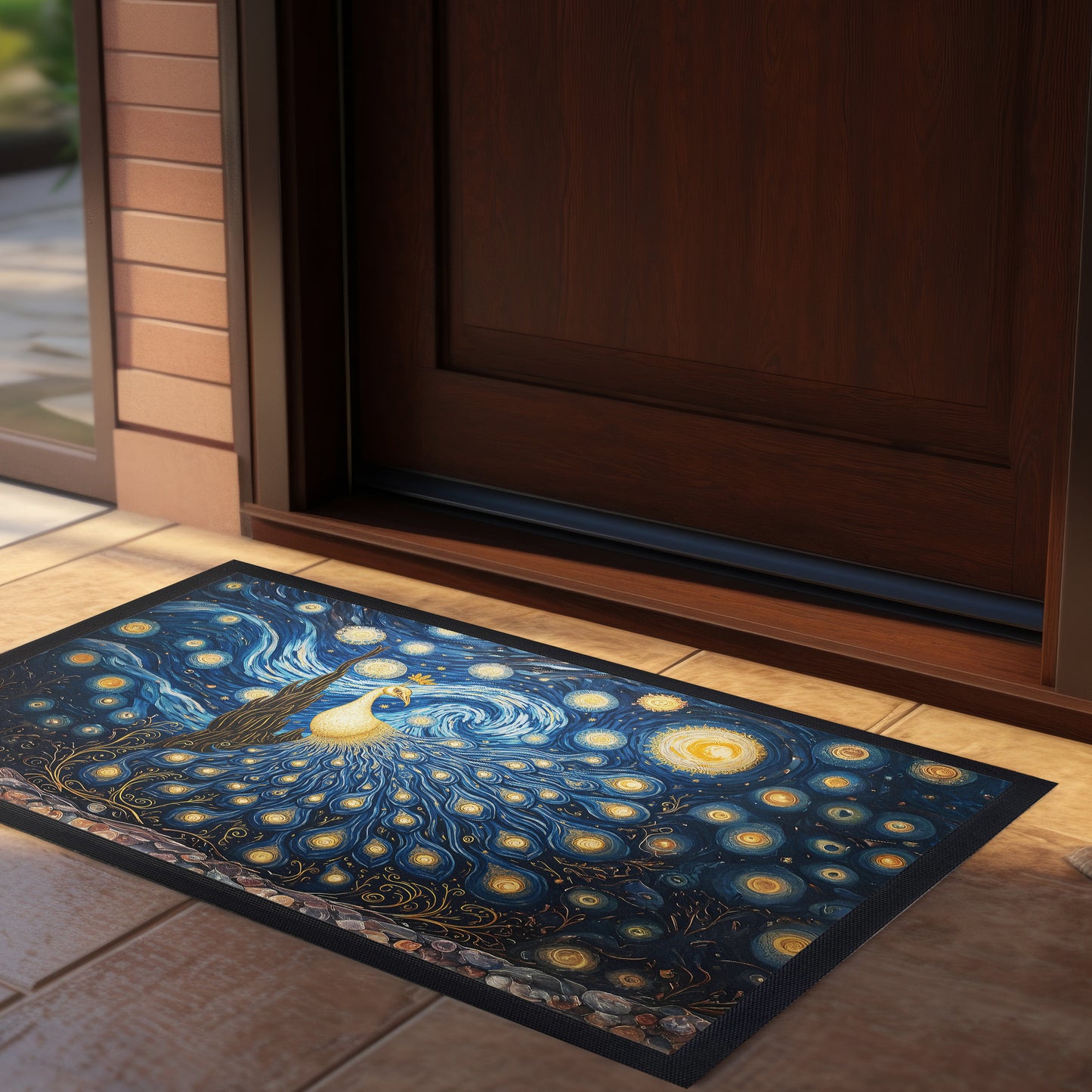 Golden Peacock Starry Nights Door Mat