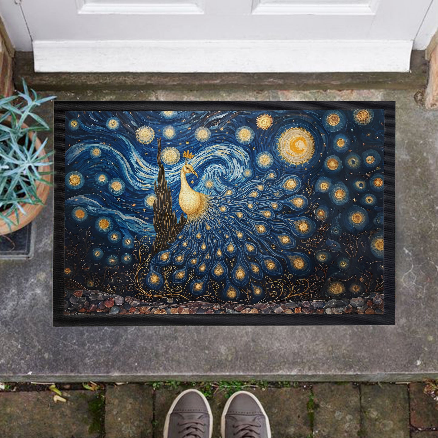 Golden Peacock Starry Nights Door Mat