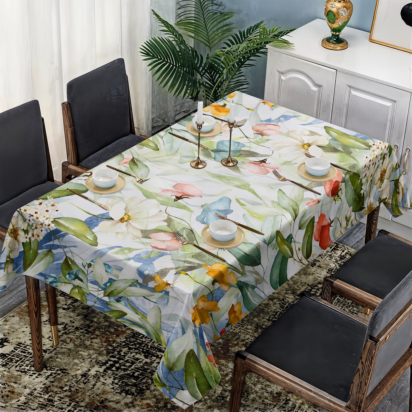 Green Blue Flower Vines Rectangle Tablecloth by Mark van Vuuren